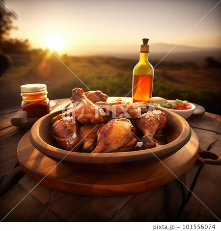 A bowl of chicken wings on a wooden table. AI generative image A bowl of chicken wings on a wooden table. AI generative image 101556074