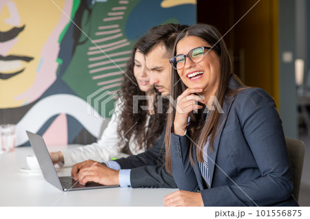 Business team collaborating on project together, using laptops. Business colleagues in casual working together in contemporary office space. Business team collaborating on project together, using laptops. Business colleagues in casual working together in contemporary office space. 101556875