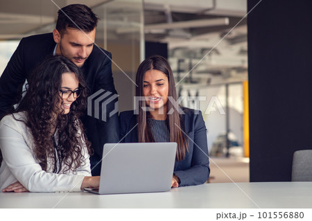 Business team collaborating on project together, using laptops. Business colleagues in casual working together in contemporary office space. Business team collaborating on project together, using laptops. Business colleagues in casual working together in contemporary office space. 101556880