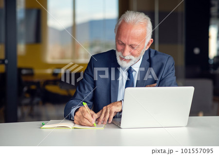 Handsome smiling senior man while sitting at his cozy workplace with laptop at home, retired male chatting with friends in social media, Handsome smiling senior man while sitting at his cozy workplace with laptop at home, retired male chatting with friends in social media, 101557095
