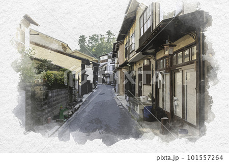 水彩画風　宮島　町家通り　広島県廿日市市 101557264