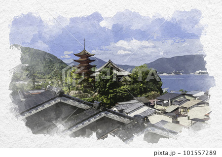 水彩画風 宮島 町並み 広島県廿日市市 水彩画風 宮島 町並み 広島県廿日市市 101557289