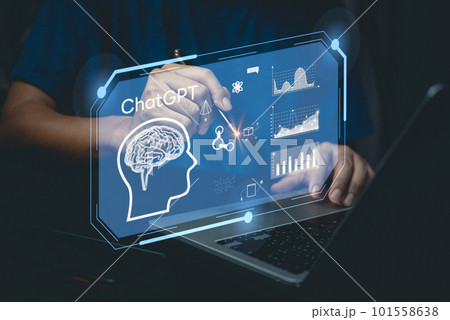 businessman using laptop computer chatting with a smart AI or artificial intelligence. Digital technology robot information concept. businessman using laptop computer chatting with a smart AI or artificial intelligence. Digital technology robot information concept. 101558638