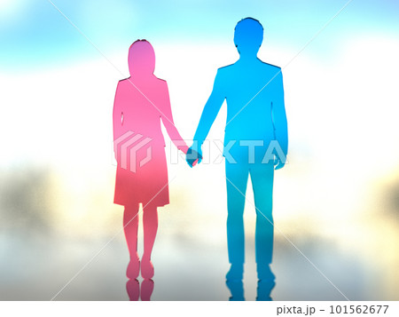 手を繋ぐ若者男女シルエット　明　3Dイラストレーション　横 101562677