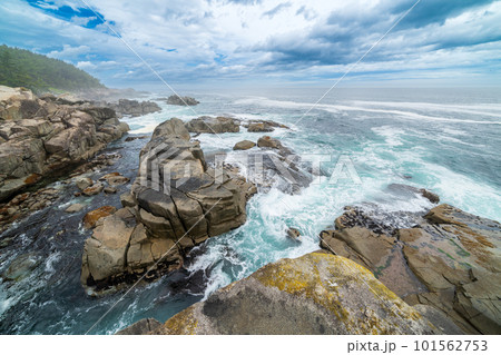 「岩手県」巨大な岩と海岸線が連なる侍浜の風景 101562753