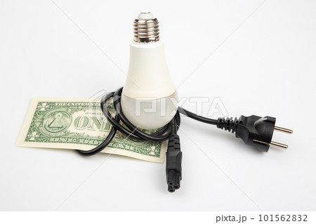 Dollars, LED lamp and electric cable plug. Saving electricity. Energy saving concept 101562832