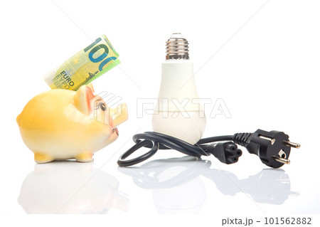 Piggy bank, LED lamp and electric cable plug. Saving electricity. Energy saving concept 101562882