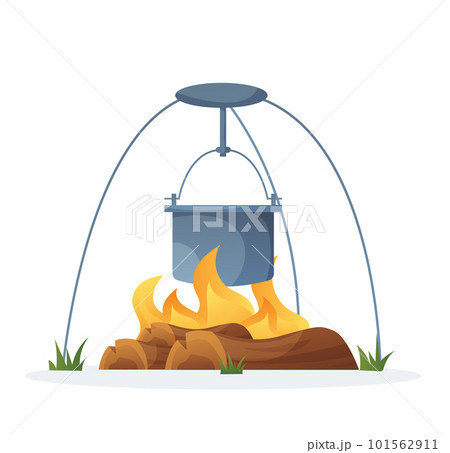 camping pot over a bonfire camping equipment vector illustration 101562911