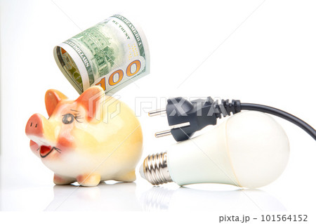 Piggy bank, LED lamp and electric cable plug. Saving electricity. Energy saving concept Piggy bank, LED lamp and electric cable plug. Saving electricity. Energy saving concept 101564152