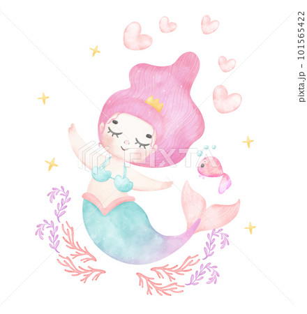 Cute sweet colorful pastel watercolor happy joyful little mermaid purple hair, whimsical adorable children cartoon character hand painting illustration Cute sweet colorful pastel watercolor happy joyful little mermaid purple hair, whimsical adorable children cartoon character hand painting illustration 101565422