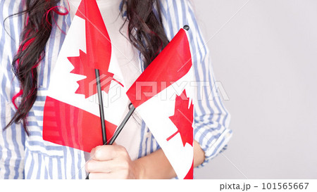 Unrecognized girl student in white blue shirt holding small canadian flag over gray background, Canada day, holiday, vote, immigration, tax, copy space Unrecognized girl student in white blue shirt holding small canadian flag over gray background, Canada day, holiday, vote, immigration, tax, copy space 101565667