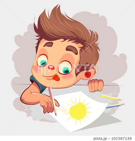 Child Holding Drawings of Sun and Clouds on Paper Isolated on White Background. Little Kid Character Creativity, Talents, Painting Hobby, Educational Class Concept. Cartoon People Vector Illustration. 101567139