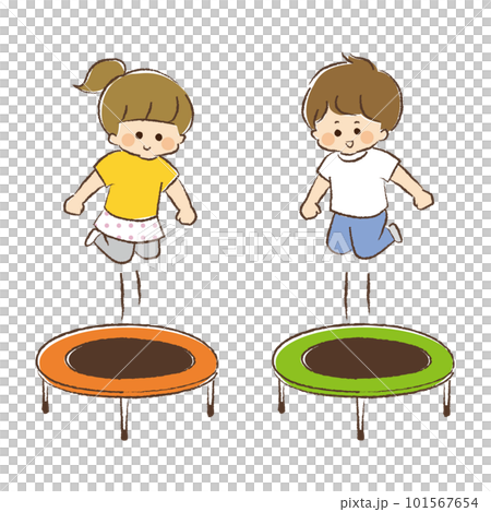 Set of boys and girls playing on a home trampoline Set of boys and girls playing on a home trampoline 101567654