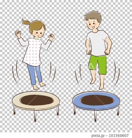 A set of men and women playing on a home trampoline A set of men and women playing on a home trampoline 101568607