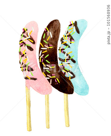 カラフルなチョコバナナのセット スイーツ・お菓子の手描き水彩イラスト素材 カラフルなチョコバナナのセット スイーツ・お菓子の手描き水彩イラスト素材 101568936
