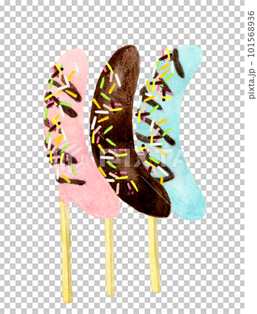 カラフルなチョコバナナのセット スイーツ・お菓子の手描き水彩イラスト素材 カラフルなチョコバナナのセット スイーツ・お菓子の手描き水彩イラスト素材 101568936