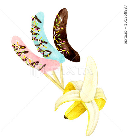 チョコバナナと皮を剥いた黄色いバナナ スイーツ・お菓子の手描き水彩イラスト素材 チョコバナナと皮を剥いた黄色いバナナ スイーツ・お菓子の手描き水彩イラスト素材 101568937