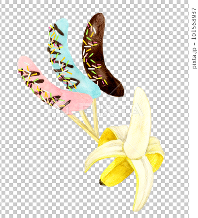 チョコバナナと皮を剥いた黄色いバナナ スイーツ・お菓子の手描き水彩イラスト素材 チョコバナナと皮を剥いた黄色いバナナ スイーツ・お菓子の手描き水彩イラスト素材 101568937