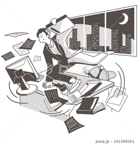 デクスを飛び越えるビジネスパーソン(男性)一人。彼は残業を経て帰宅、もしくは会議に向かうのかも知れな デクスを飛び越えるビジネスパーソン(男性)一人。彼は残業を経て帰宅、もしくは会議に向かうのかも知れな 101569561
