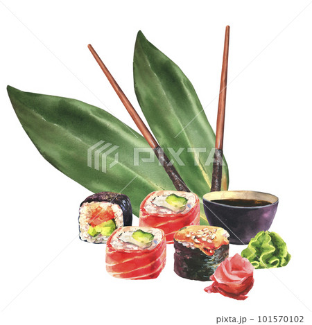 Sushi rolls with nory leaf, wasabi, ginger, chopsticks and soy sauce. Watercolor illustration, Isolated on white background. Japanese food 101570102