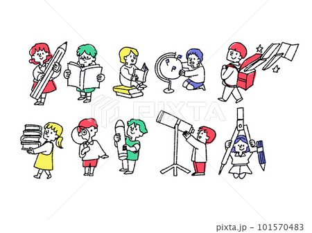 勉強したり絵を描いたり本を読んだり学ぶ子供達のイラスト素材セット 101570483