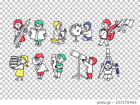 勉強したり絵を描いたり本を読んだり学ぶ子供達のイラスト素材セット 101570483
