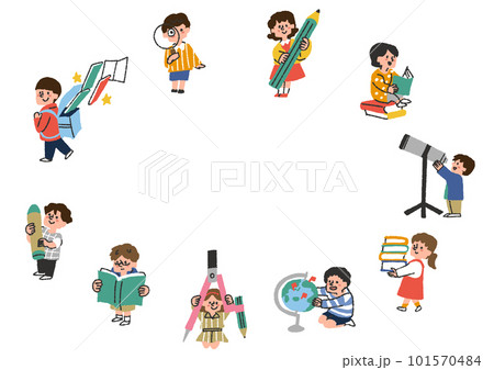 学ぶ子供達のイラストを集めた楕円のフレーム素材 学ぶ子供達のイラストを集めた楕円のフレーム素材 101570484