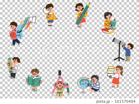 学ぶ子供達のイラストを集めた楕円のフレーム素材 学ぶ子供達のイラストを集めた楕円のフレーム素材 101570484