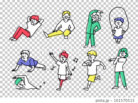 運動をしているさまざな年齢の人物のイラスト素材セット 101570515