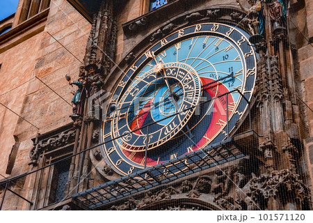 The medieval astronomical clock in the Old Town square in Prague, Czechia The medieval astronomical clock in the Old Town square in Prague, Czechia 101571120