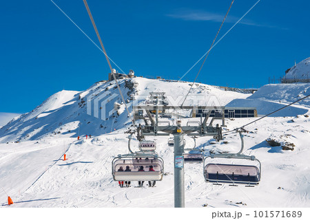 Beautiful view of Gornergrat, Zermatt, Matterhorn ski resort in Switzerland with cable chair lift transportation. Ski lifts in Switzerland. Winter holidays. 101571689
