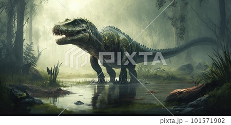 Prehistoric creature or dinosaur in the wild nature. Realistic style drawing. 101571902