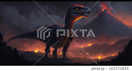 Prehistoric creature or dinosaur in the wild nature. Realistic style drawing. 101572634