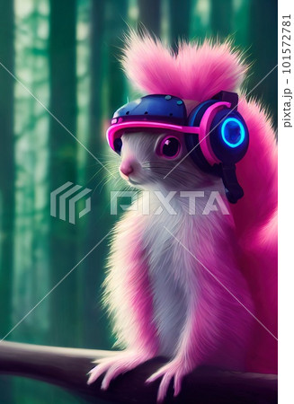Pink Squirrel in an spring forest. A squirrel in nature in an spring park. Cute squirrel sitting on a tree branch. 3d rendering 101572781