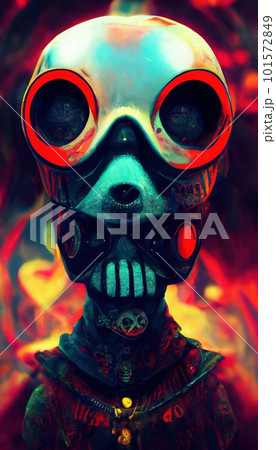 Creepy infernal zombie in a gas mask. The concept of a nightmarish zombie from the hellscape. 101572849