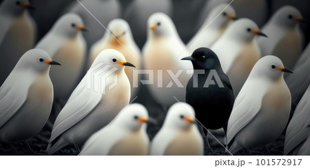 Difference concept showing by extraordinary bird standing out of the crowd 101572917