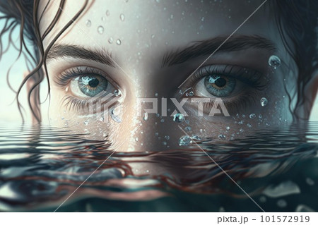 Close up woman eyes at the water surface 101572919