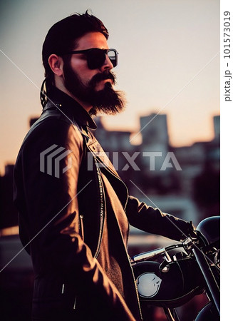 A fictional person, not based on a real person. Handsome, bearded, brutal biker in a black leather jacket against the road. 3d rendering 101573019