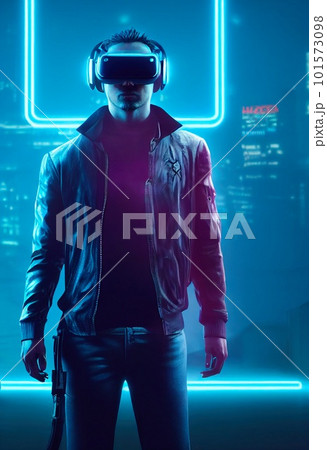 Portrait of a man wearing a cyberpunk headset, neon virtual glasses, and cyberpunk gear. A high-tech futuristic man from the future. The concept of virtual reality and cyberpunk. 3D rendering. 101573098