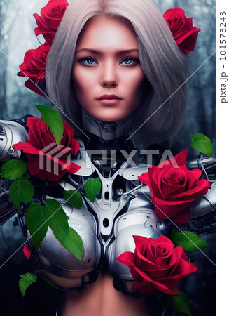 A fictional person, not based on a real person. Portrait of a futuristic female robot. An artistic abstract cyberpunk fantasy. Concept of a modern robot. 3d rendering 101573243