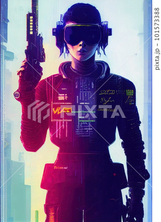 A fictional person, not based on a real person. Portrait of a sci-fi cyberpunk warrior. High-tech futuristic man from the future. The concept of virtual reality and cyberpunk. 3D render. 101573388