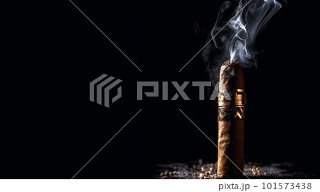burning brown cigar with smoke on black background with copy space, Cuban cigars,robusto burning brown cigar with smoke on black background with copy space, Cuban cigars,robusto 101573438