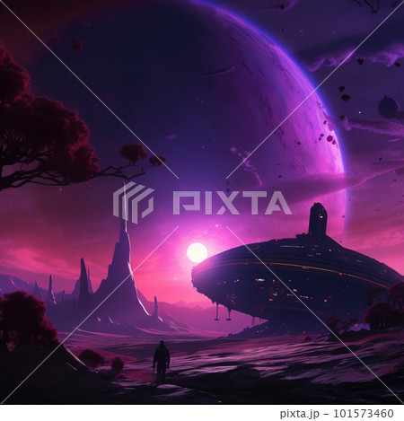 A deserted abstract colorful alien landscape. Alien planets during sunrise. Generative AI Art. A deserted abstract colorful alien landscape. Alien planets during sunrise. Generative AI Art. 101573460
