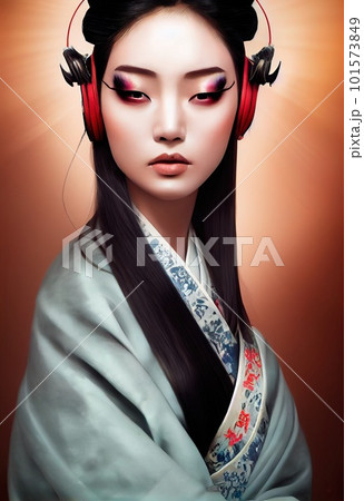 A portrait of a creative beauty wearing fancy headphones. A lover of fashionable music. 101573849