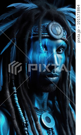 Portrait of a mystical fantasy bioluminescent neon man. Glamorous fashionable rastaman. Generative AI Art. Portrait of a mystical fantasy bioluminescent neon man. Glamorous fashionable rastaman. Generative AI Art. 101573864