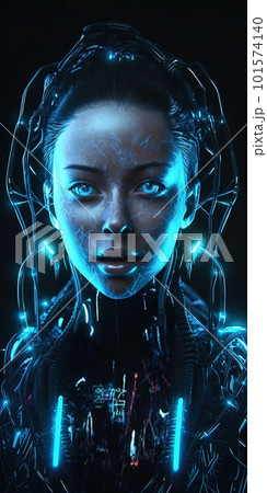 Portrait of a sci-fi cyberpunk girl. High-tech futuristic woman from the future. Generative AI Art. Portrait of a sci-fi cyberpunk girl. High-tech futuristic woman from the future. Generative AI Art. 101574140