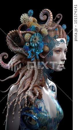 Abstract portrait of a beautiful fashionable girl in fantasy style. Creative beautiful girl. Generative AI Art. 101574141