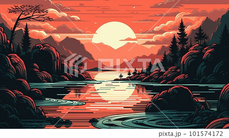 A beautiful sea at sunset, with the reflection of the sky and clouds. Generative AI Art 101574172