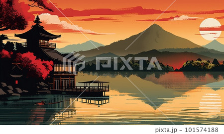 A beautiful sea at sunset, with the reflection of the sky and clouds. Generative AI Art 101574188