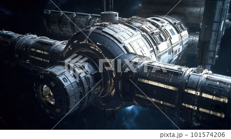 View of the space station flying through space. Futuristic Spaceship. Generative AI Art. View of the space station flying through space. Futuristic Spaceship. Generative AI Art. 101574206